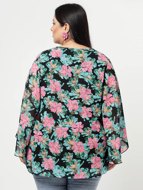 Plus Size Floral Printed Keyhole Neck Flared Sleeves Top