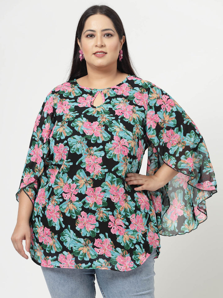 Plus Size Floral Printed Keyhole Neck Flared Sleeves Top