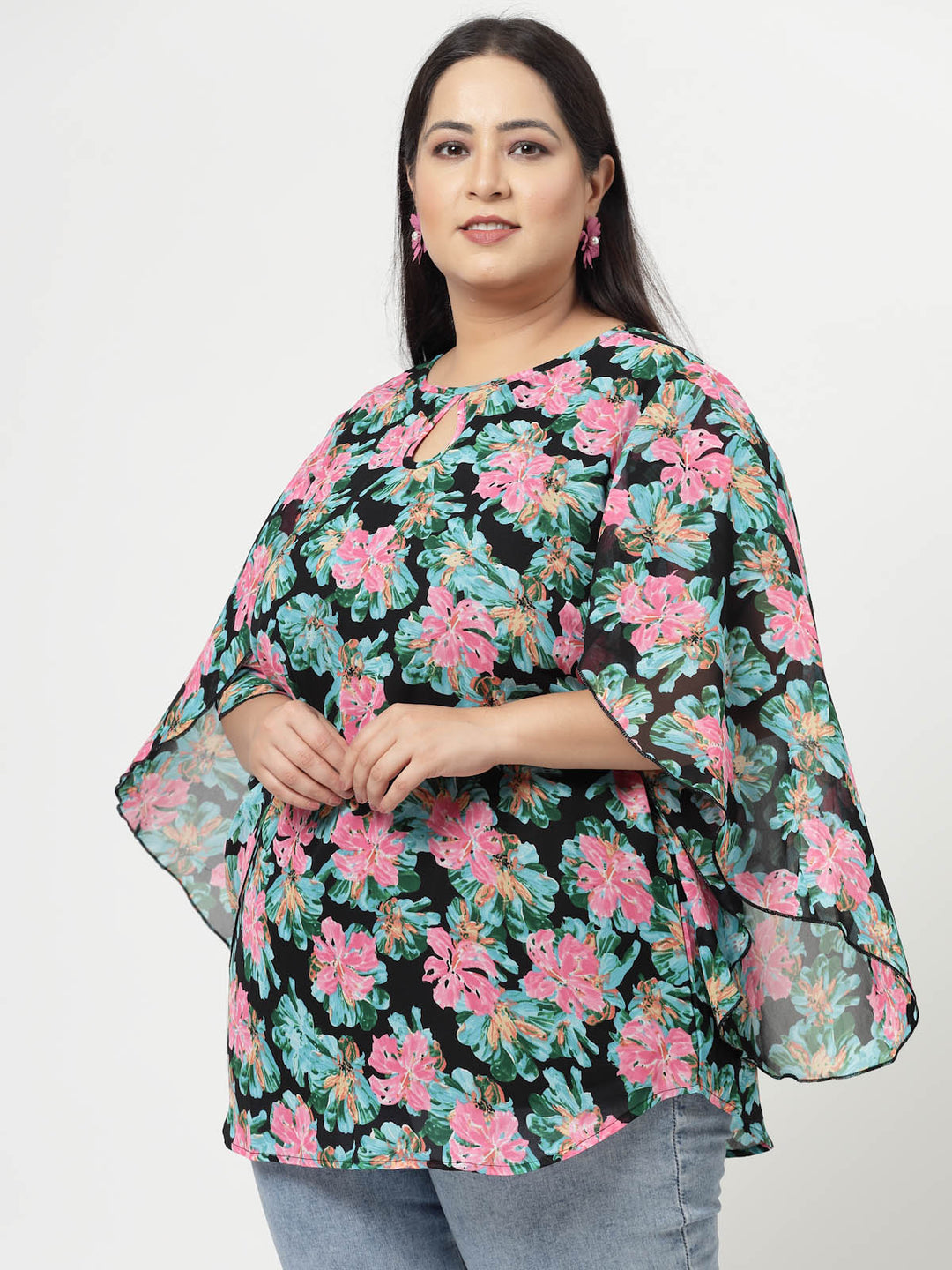 Plus Size Floral Printed Keyhole Neck Flared Sleeves Top