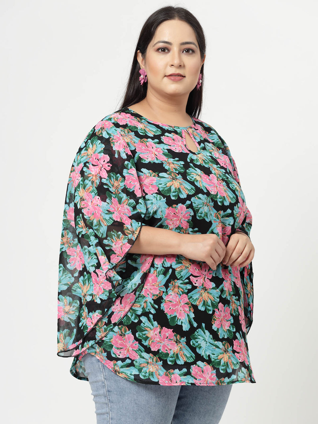 Plus Size Floral Printed Keyhole Neck Flared Sleeves Top