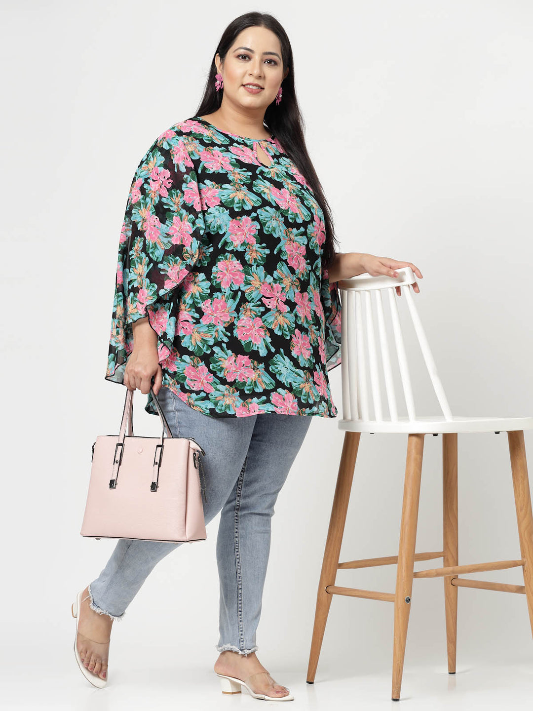 Plus Size Floral Printed Keyhole Neck Flared Sleeves Top