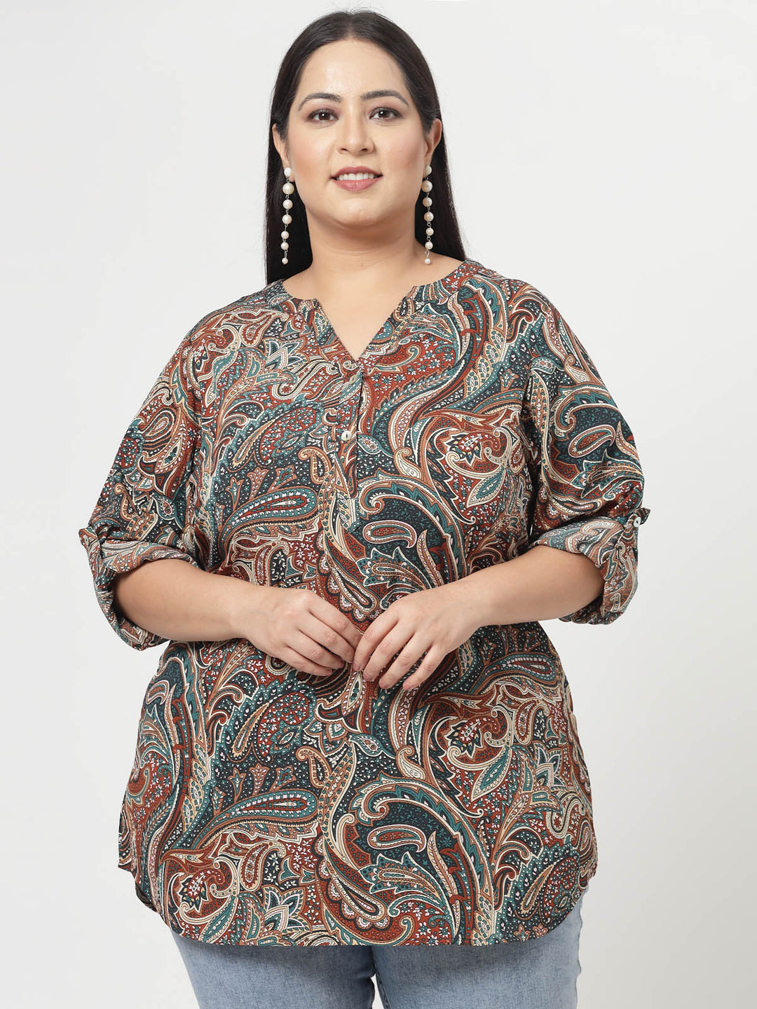 Green Ethnic Motifs Printed Mandarin Collar Roll-Up Sleeves Longline Top