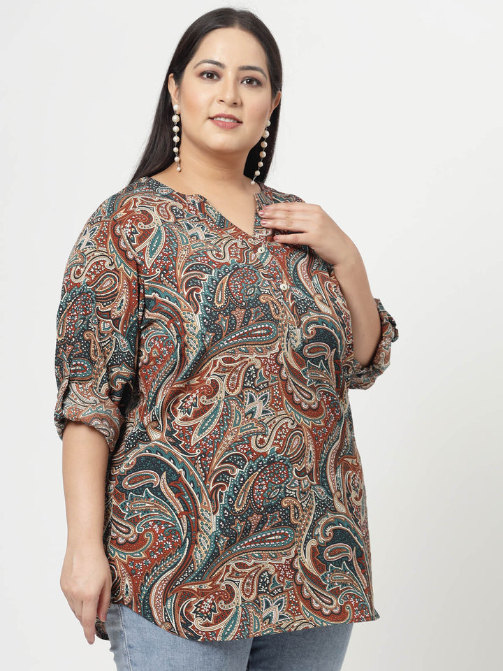 Green Ethnic Motifs Printed Mandarin Collar Roll-Up Sleeves Longline Top