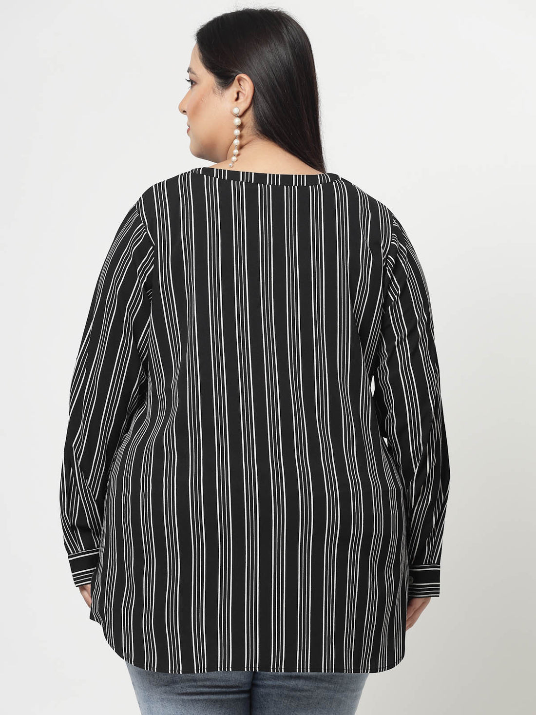 Black Plus Size Vertical Stripes Mandarin Collar Long Sleeves Longline Tops