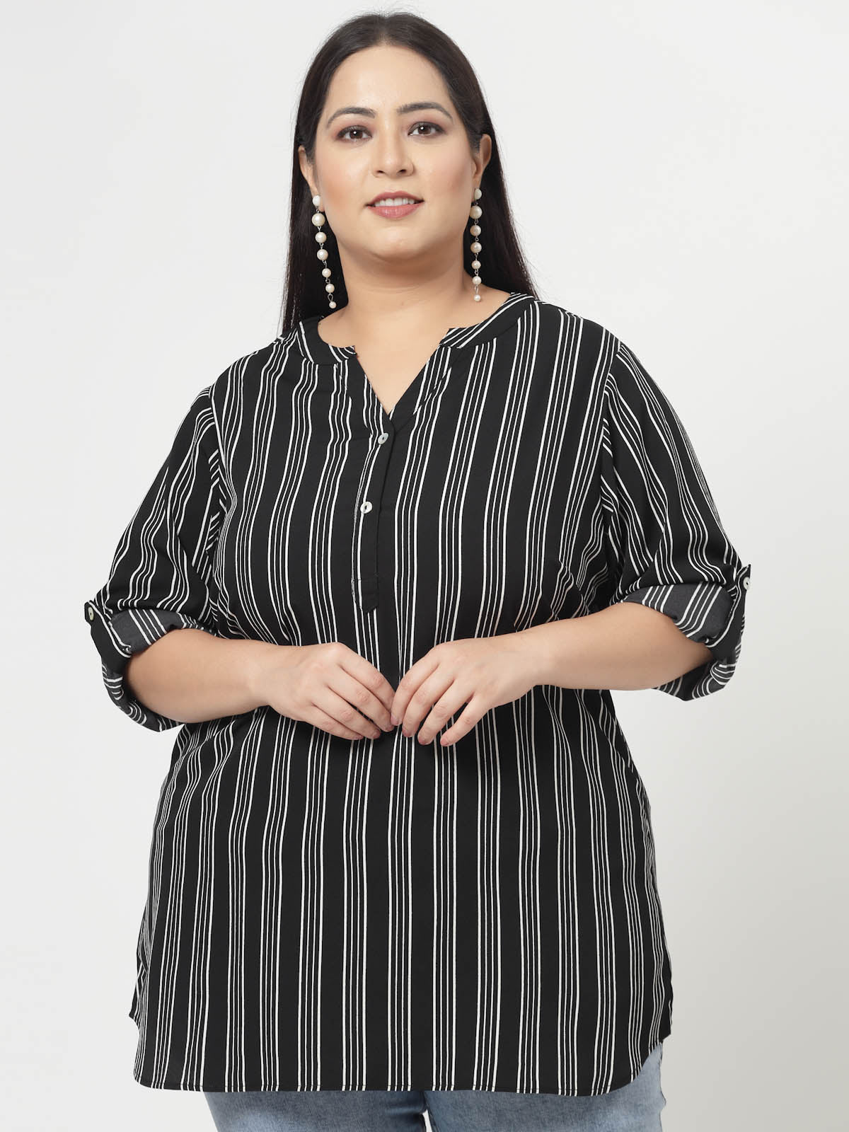 Black Plus Size Vertical Stripes Mandarin Collar Long Sleeves Longline Tops