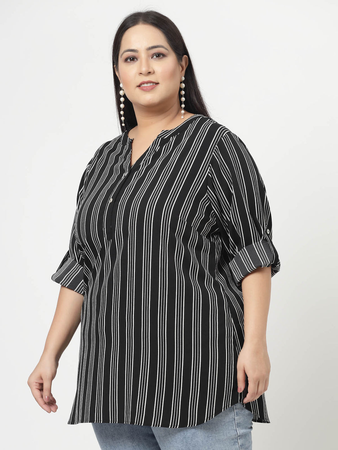 Black Plus Size Vertical Stripes Mandarin Collar Long Sleeves Longline Tops