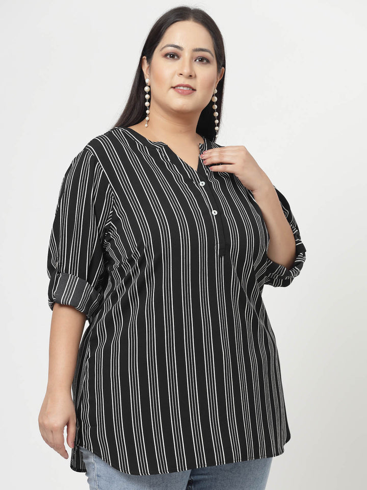 Black Plus Size Vertical Stripes Mandarin Collar Long Sleeves Longline Tops