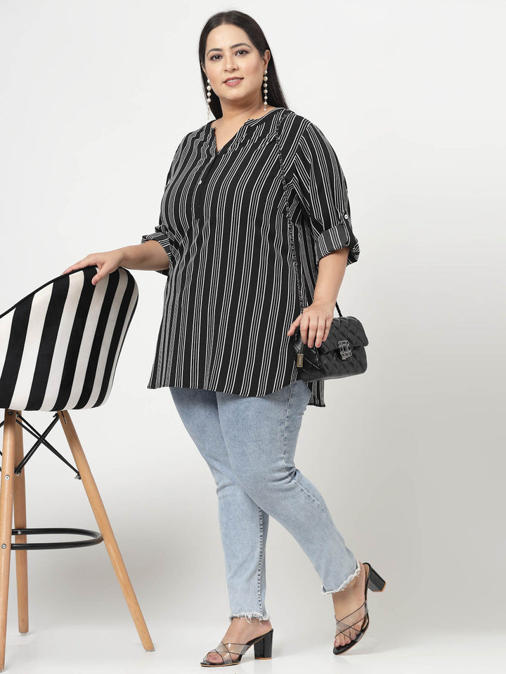 Black Plus Size Vertical Stripes Mandarin Collar Long Sleeves Longline Tops