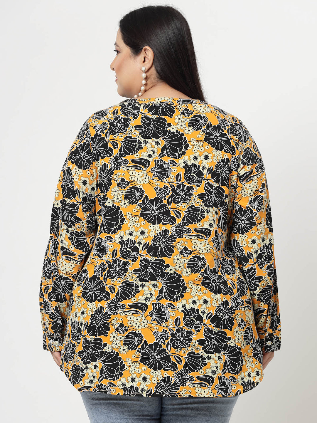 Mustard Plus Size Floral Printed Mandarin Collar Long Sleeves Longline Tops