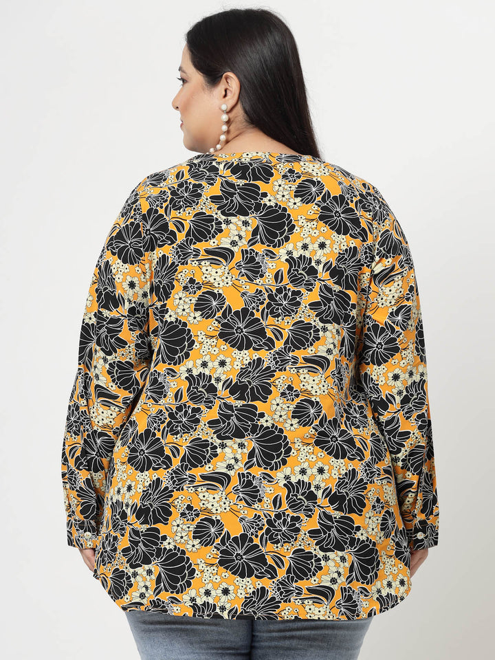 Mustard Plus Size Floral Printed Mandarin Collar Long Sleeves Longline Tops