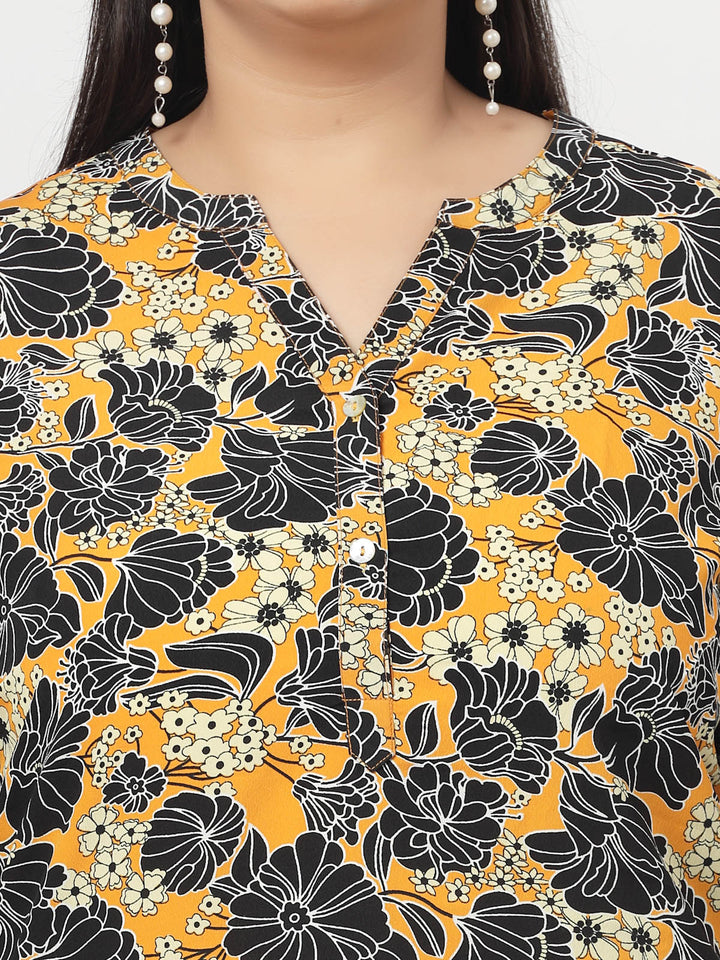 Mustard Plus Size Floral Printed Mandarin Collar Long Sleeves Longline Tops