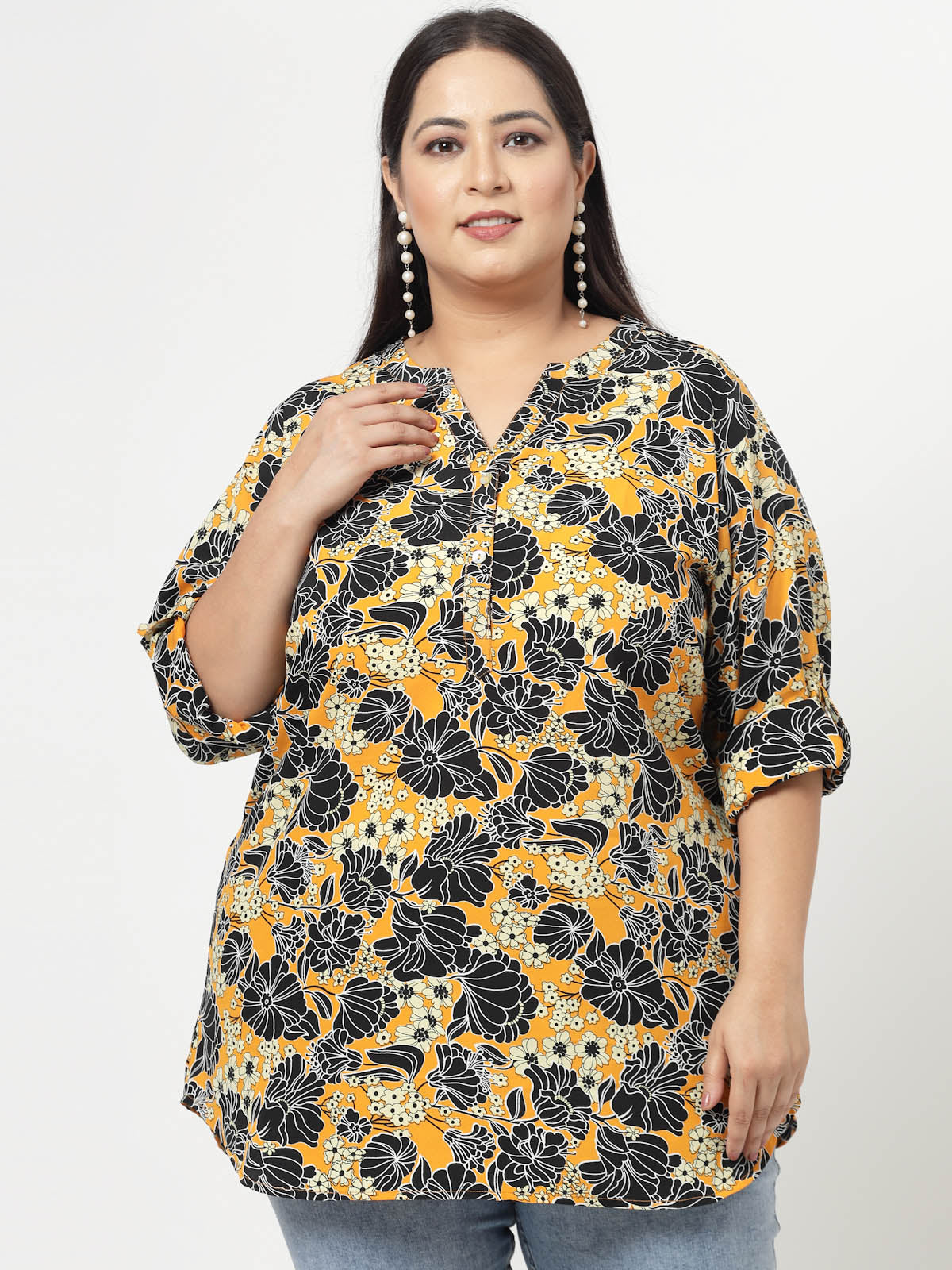 Mustard Plus Size Floral Printed Mandarin Collar Long Sleeves Longline Tops