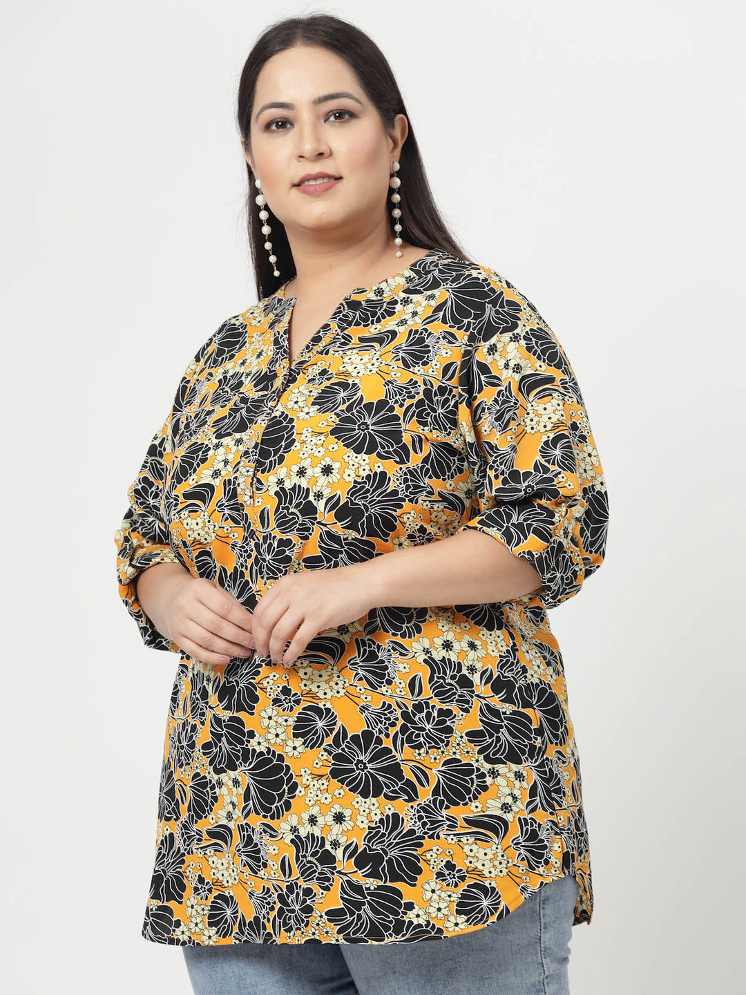 Mustard Plus Size Floral Printed Mandarin Collar Long Sleeves Longline Tops