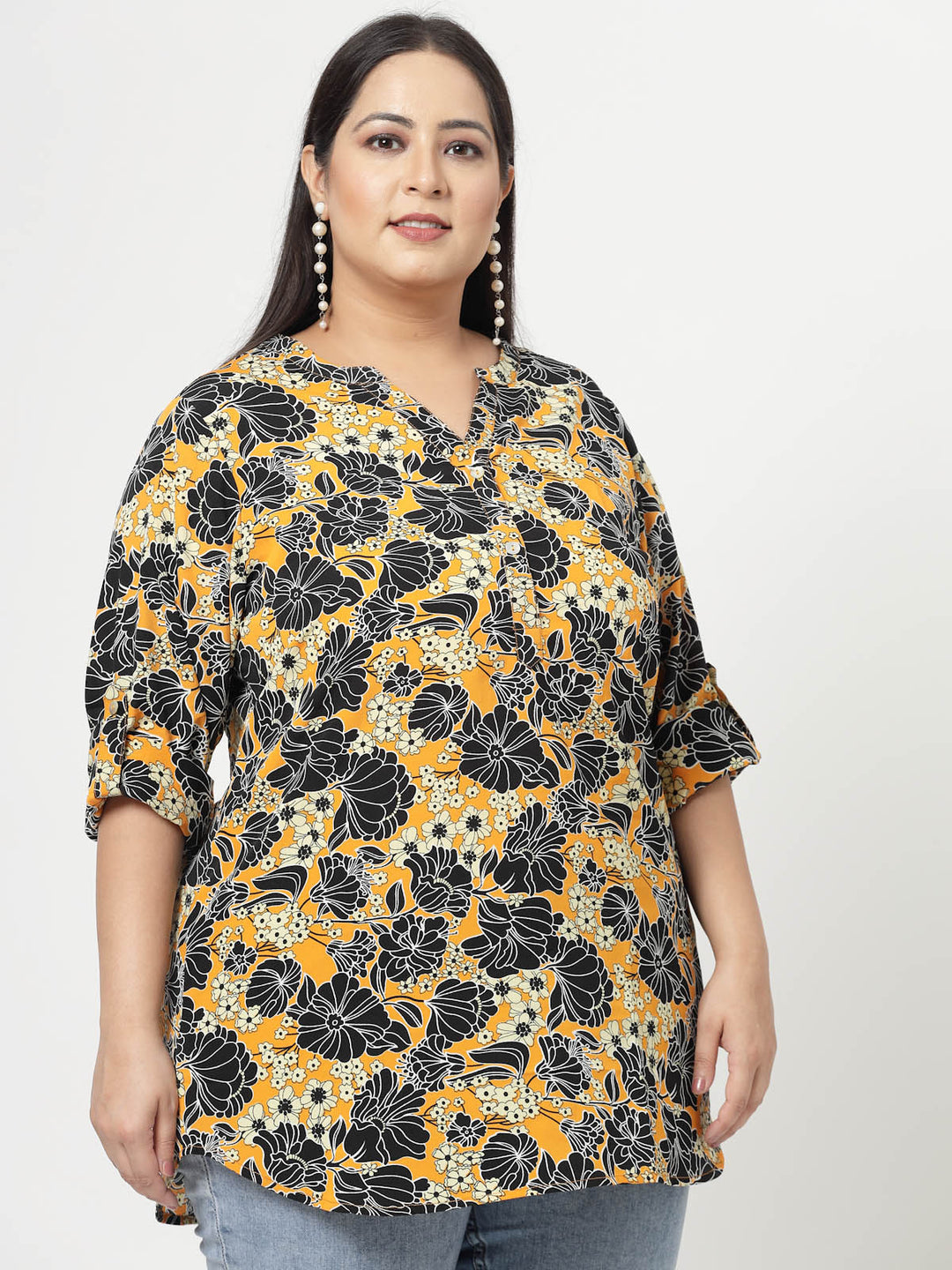 Mustard Plus Size Floral Printed Mandarin Collar Long Sleeves Longline Tops