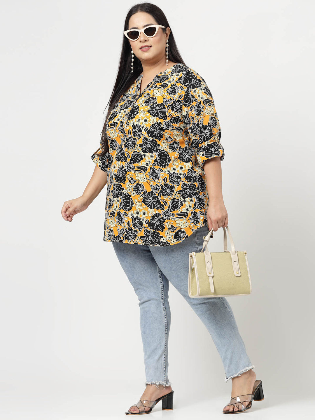 Mustard Plus Size Floral Printed Mandarin Collar Long Sleeves Longline Tops