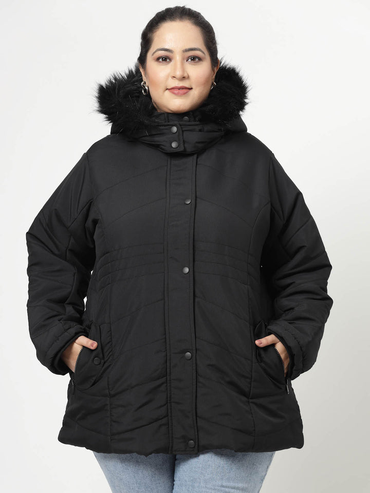 Women Black Solid Padded Jacket