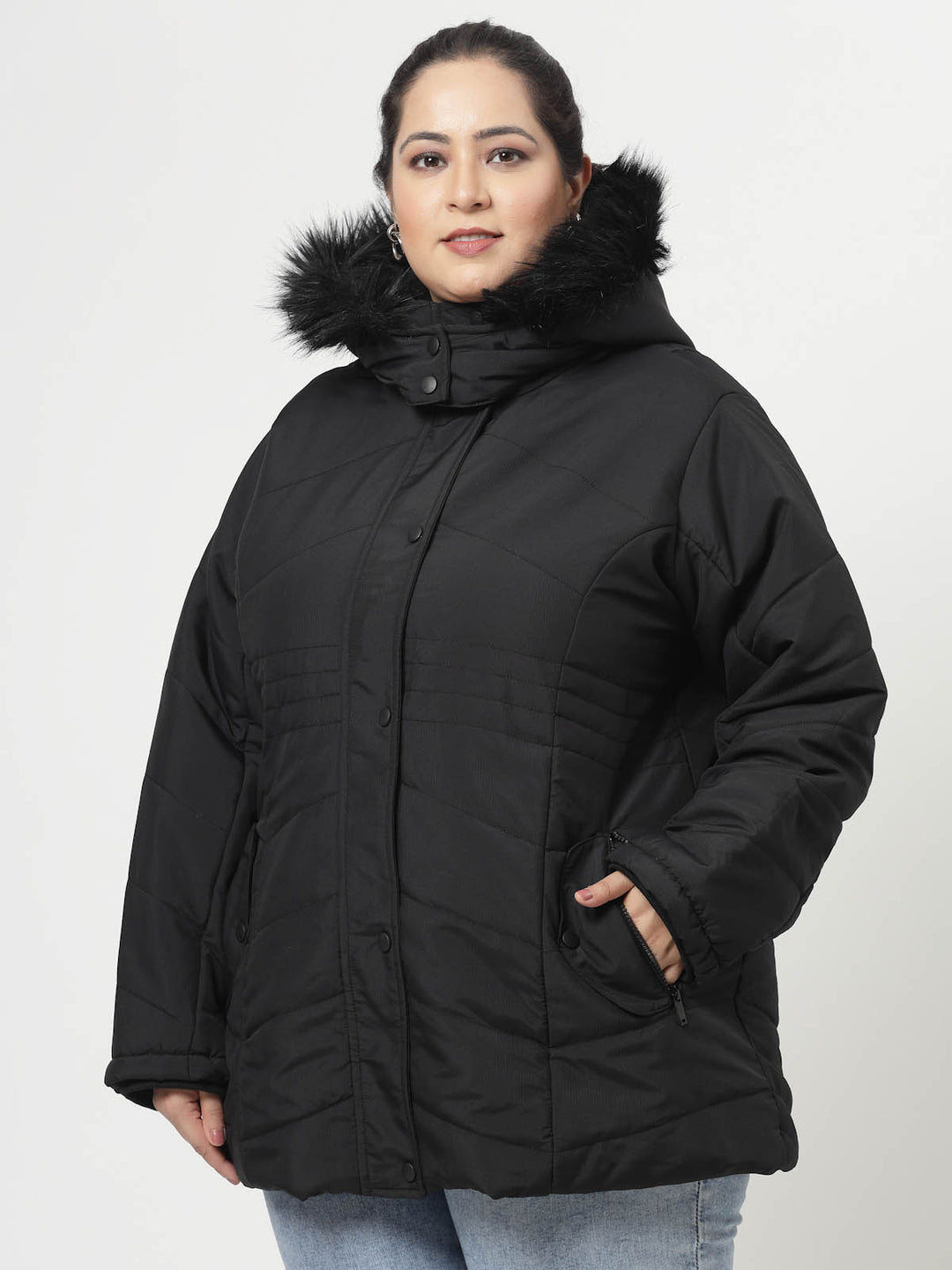 Women Black Solid Padded Jacket