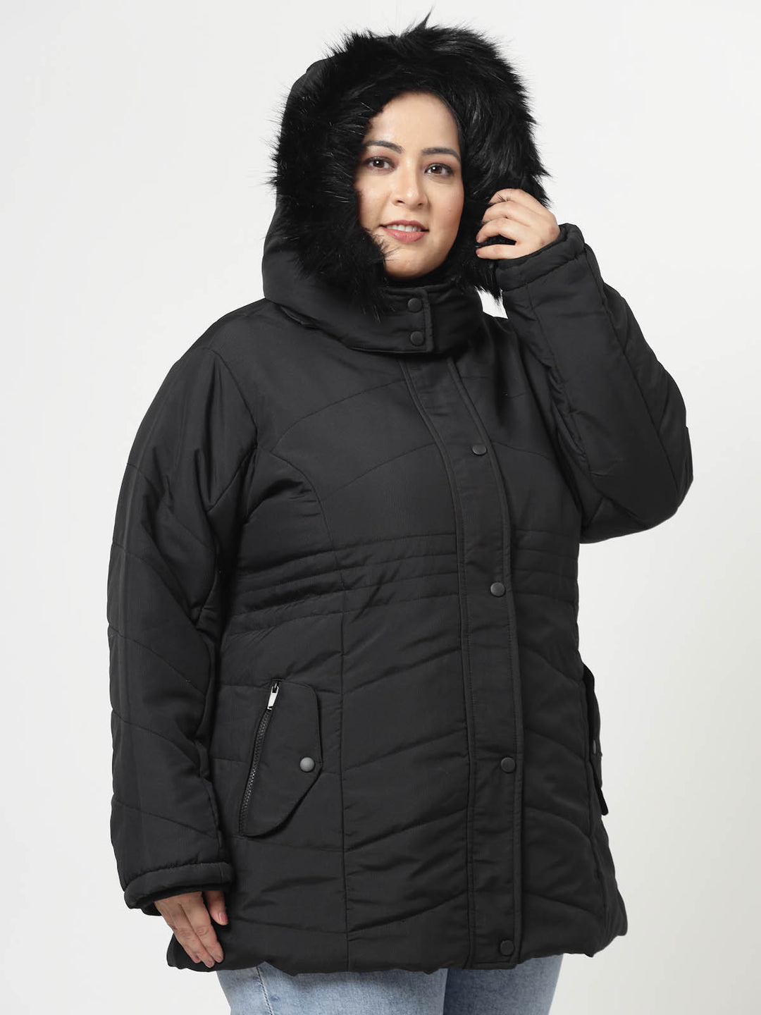 Women Black Solid Padded Jacket