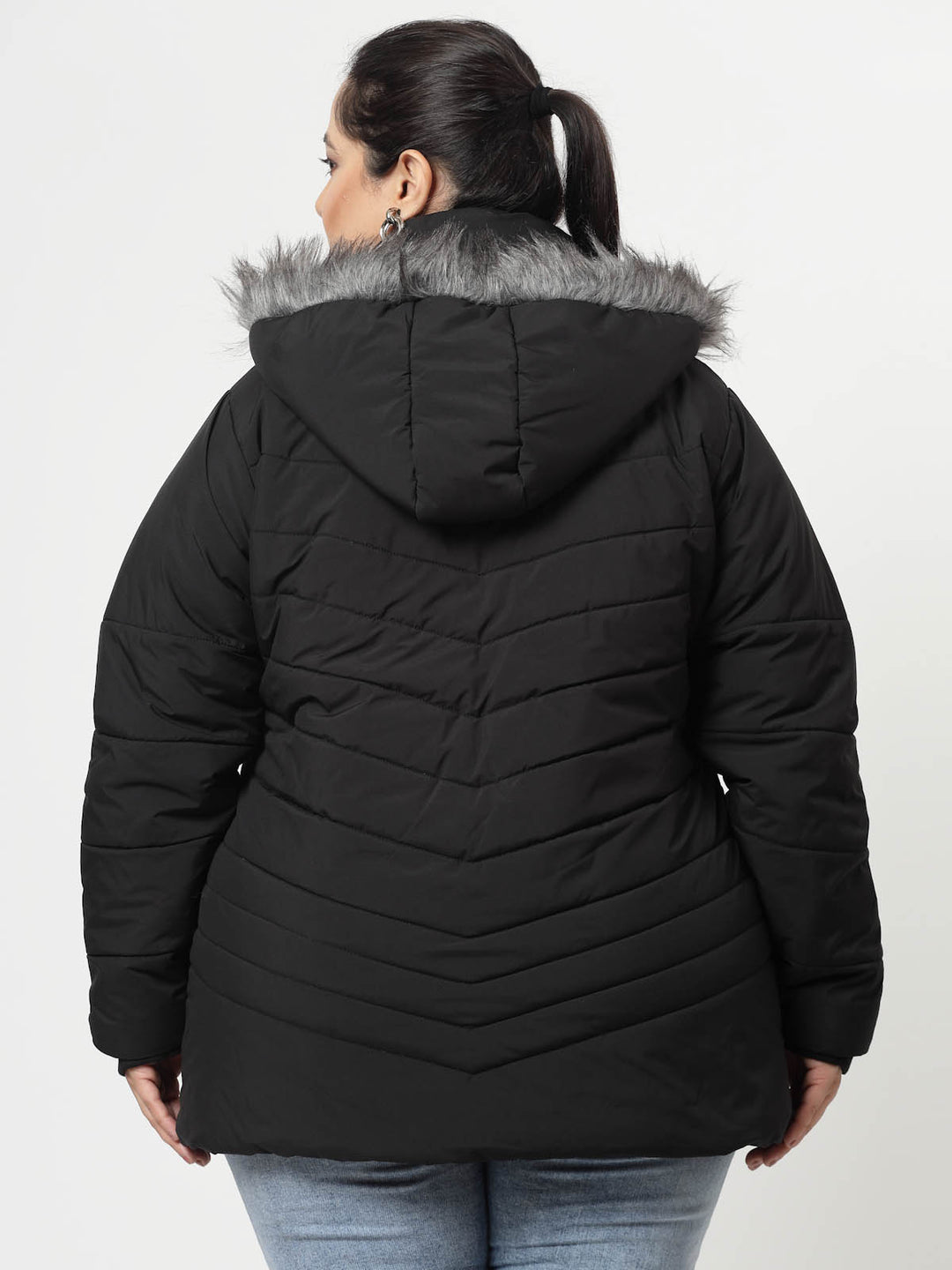 Black Longline Faux Fur Trim Parka Jacket