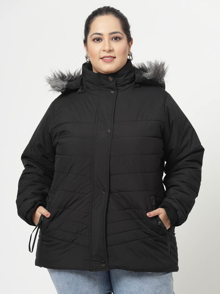 Black Longline Faux Fur Trim Parka Jacket