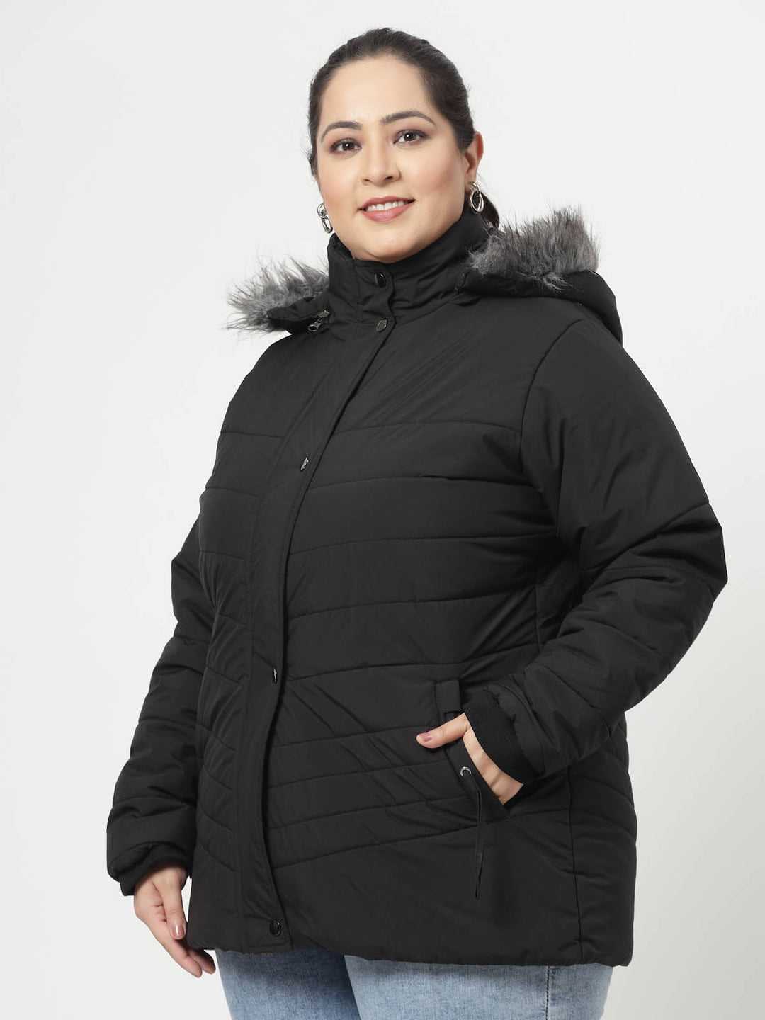 Black Longline Faux Fur Trim Parka Jacket