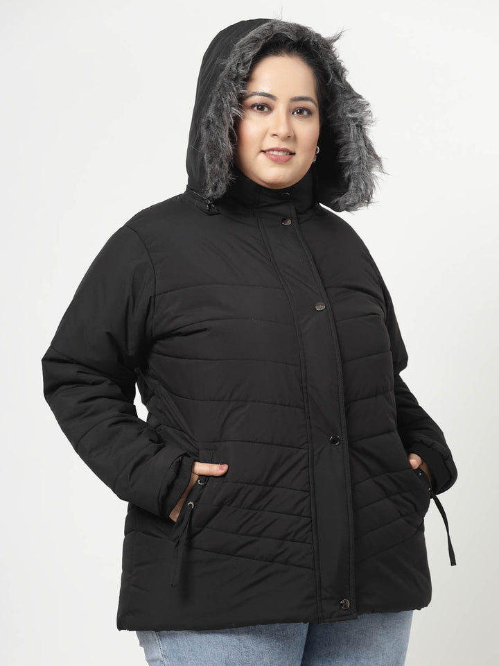 Black Longline Faux Fur Trim Parka Jacket