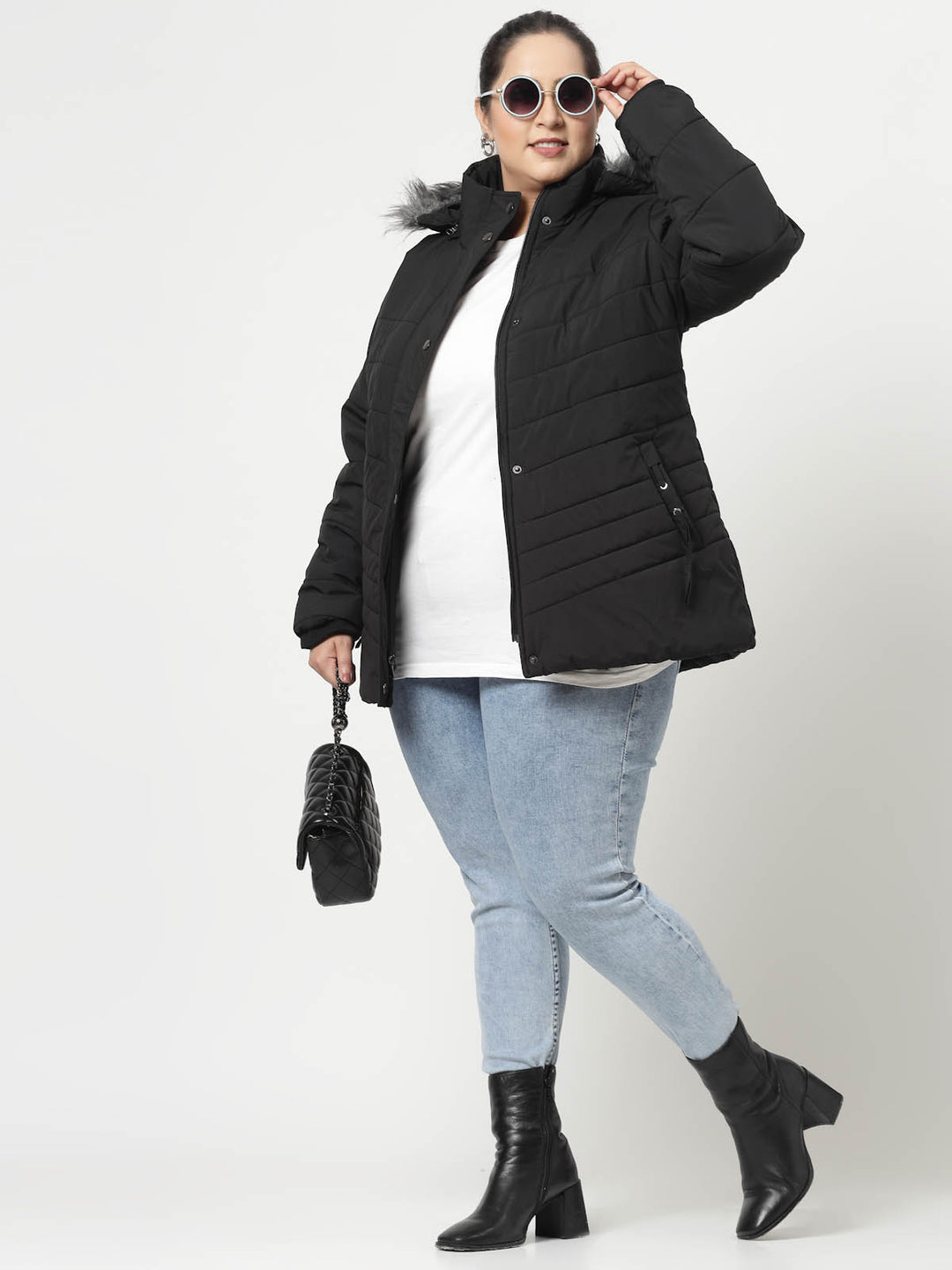 Black Longline Faux Fur Trim Parka Jacket