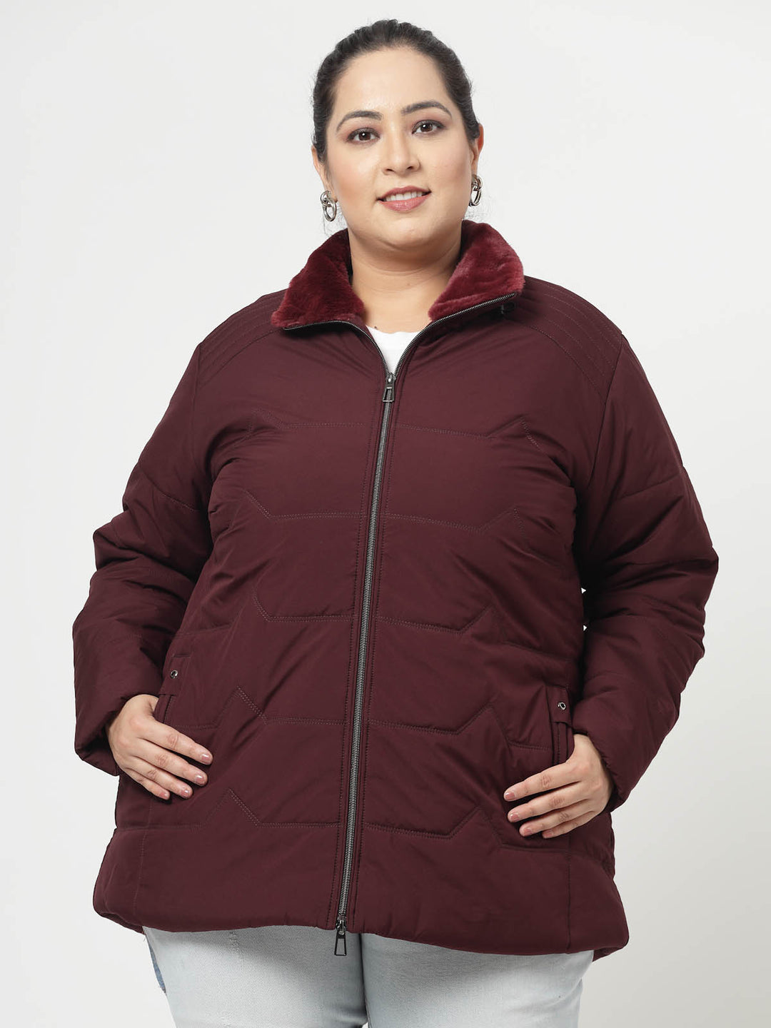 Burgundy Longline Faux Fur Trim Padded Jacket