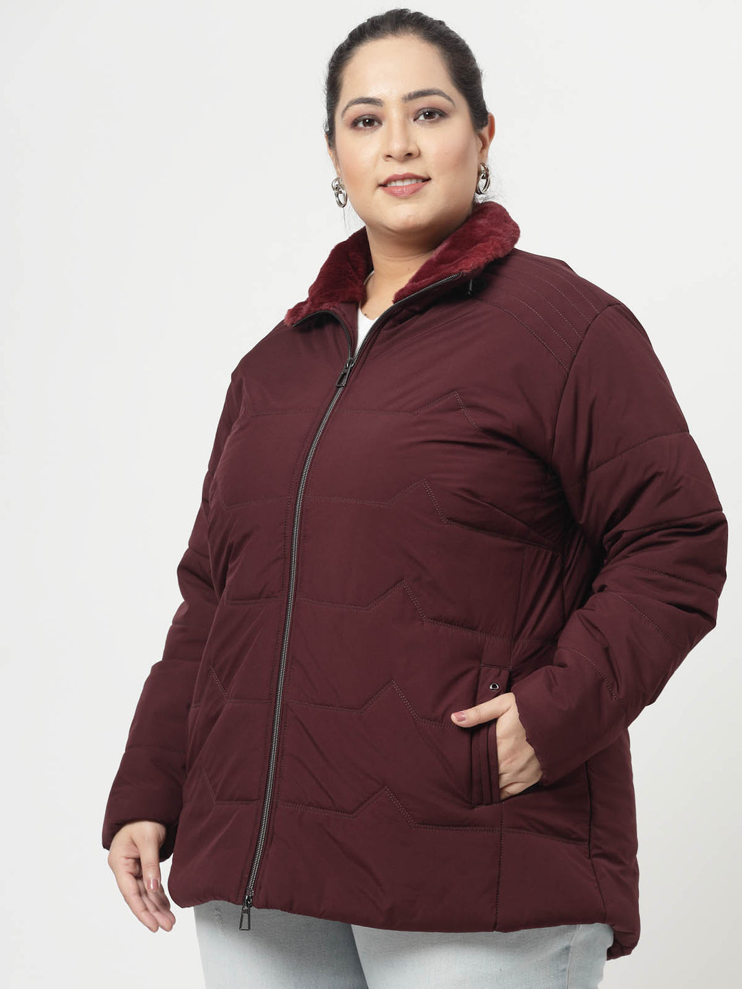 Burgundy Longline Faux Fur Trim Padded Jacket