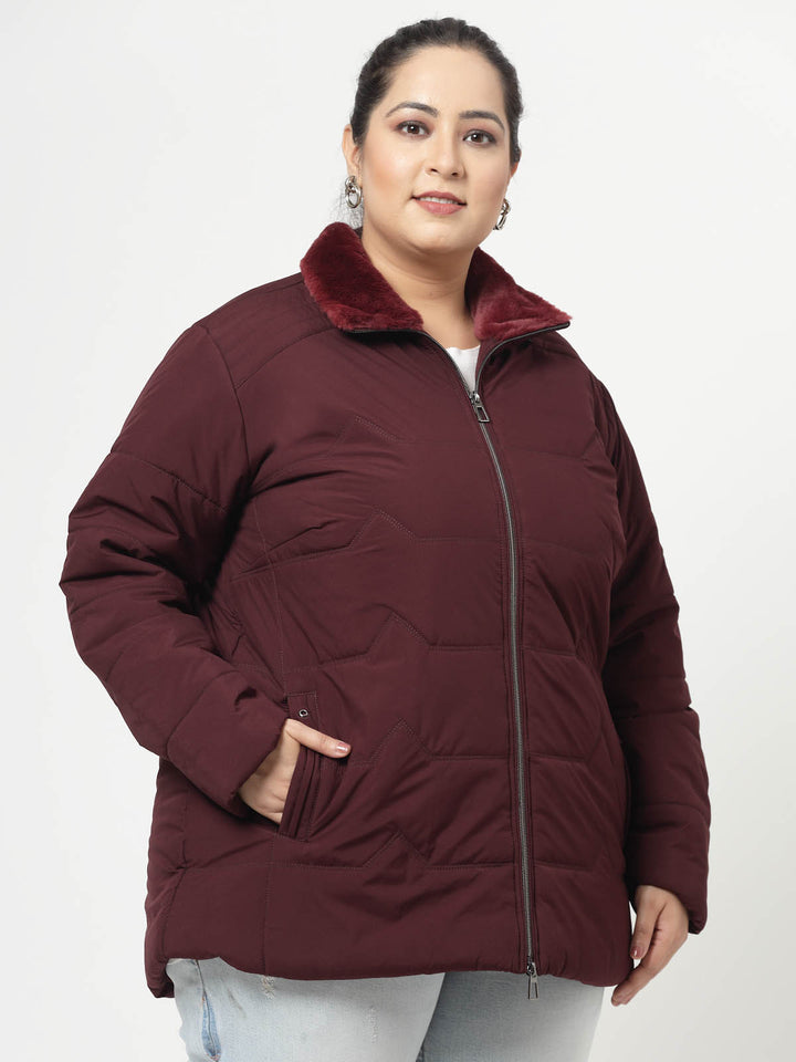 Burgundy Longline Faux Fur Trim Padded Jacket