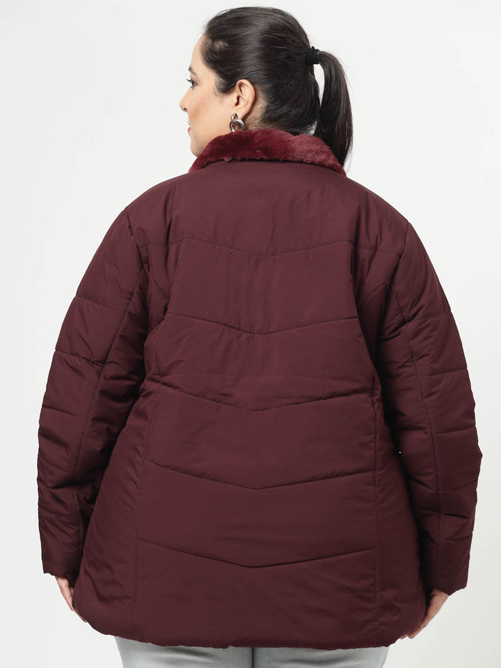 Burgundy Longline Faux Fur Trim Padded Jacket