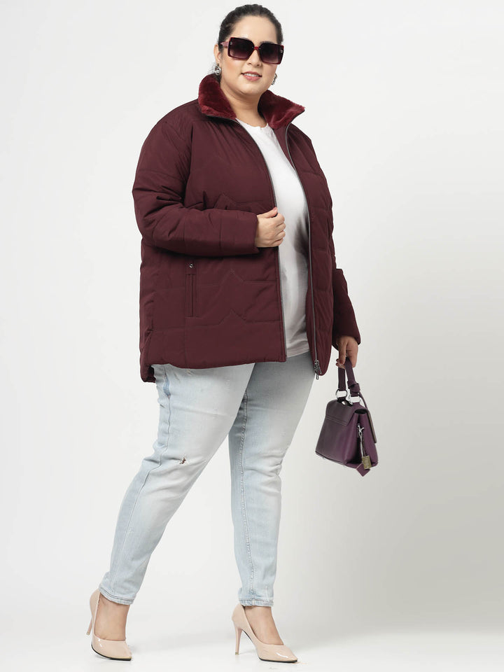 Burgundy Longline Faux Fur Trim Padded Jacket