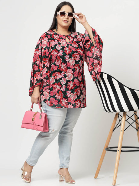 Plus Size Floral Printed Keyhole Neck Flared Sleeves Top