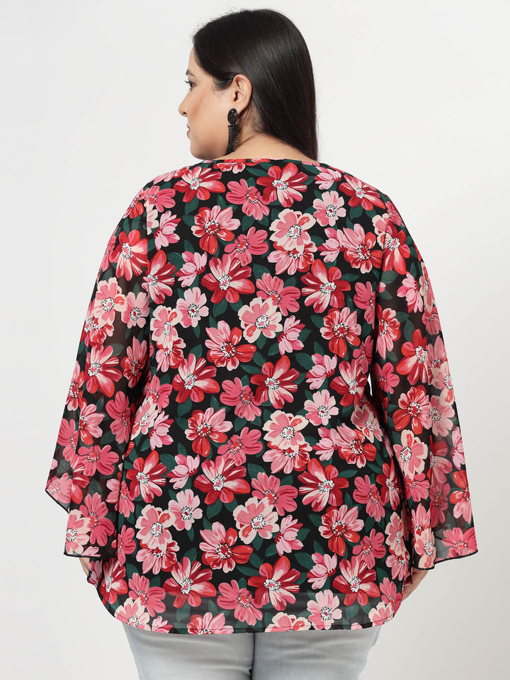 Plus Size Floral Printed Keyhole Neck Flared Sleeves Top