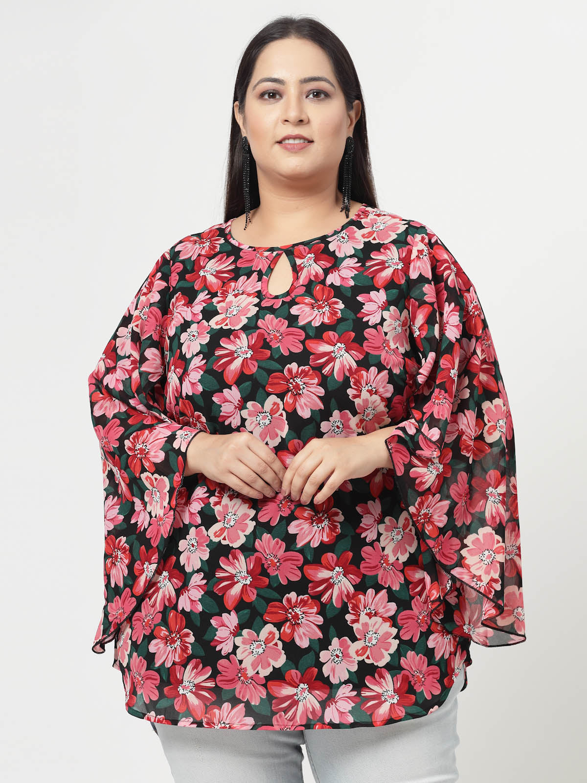 Plus Size Floral Printed Keyhole Neck Flared Sleeves Top