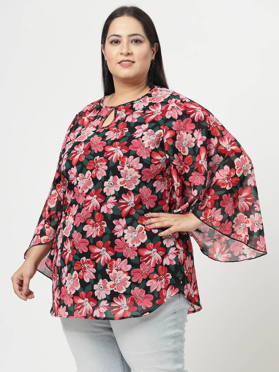 Plus Size Floral Printed Keyhole Neck Flared Sleeves Top