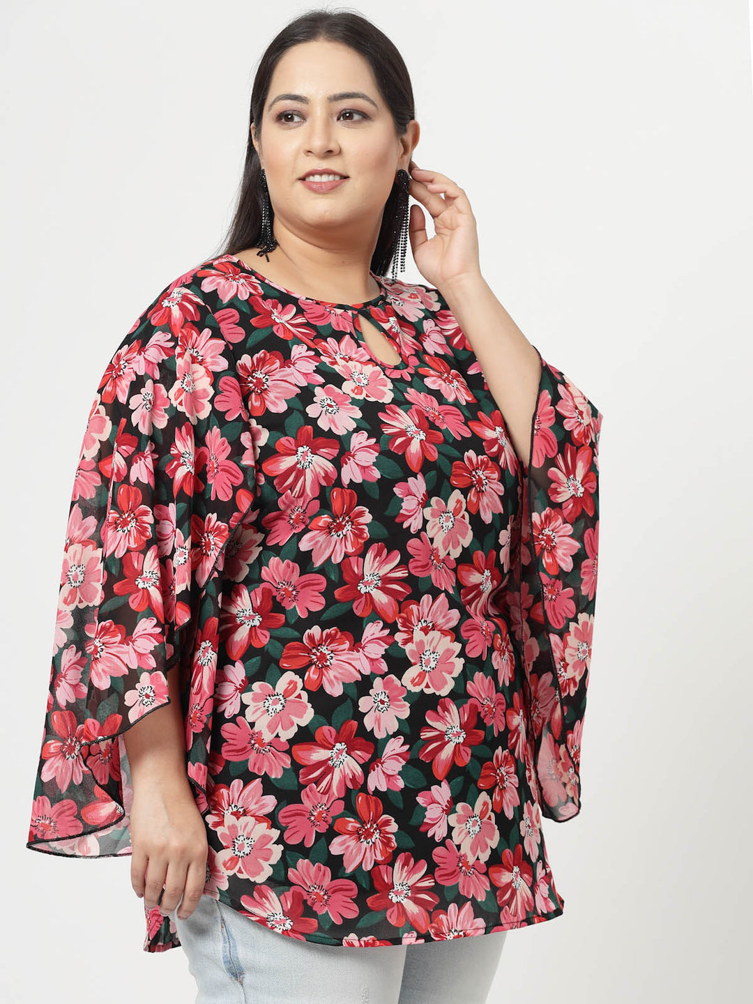 Plus Size Floral Printed Keyhole Neck Flared Sleeves Top