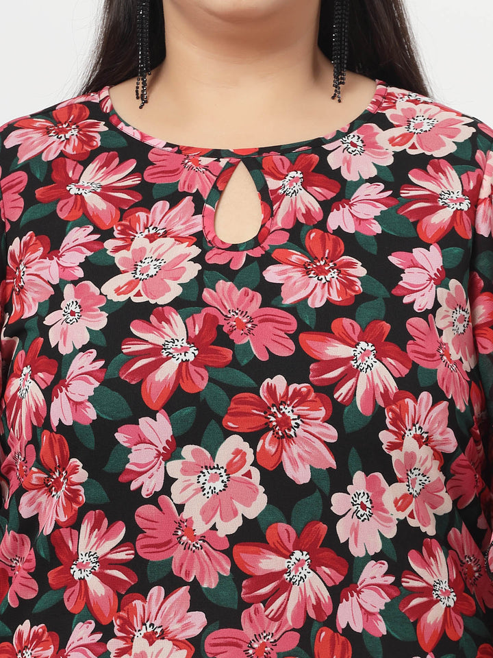 Plus Size Floral Printed Keyhole Neck Flared Sleeves Top