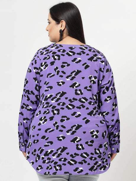 Purple Abstract Printed Mandarin Collar Roll-Up Sleeves Longline Top