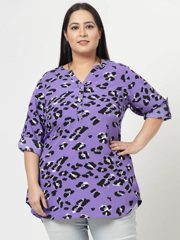 Purple Abstract Printed Mandarin Collar Roll-Up Sleeves Longline Top