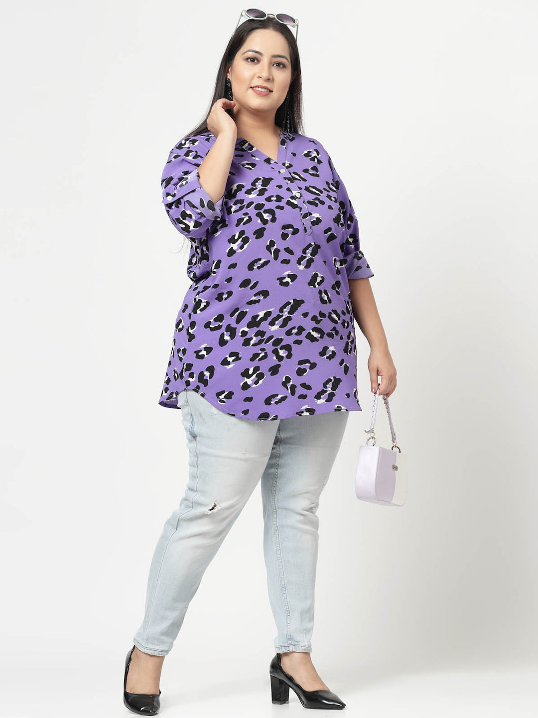 Purple Abstract Printed Mandarin Collar Roll-Up Sleeves Longline Top