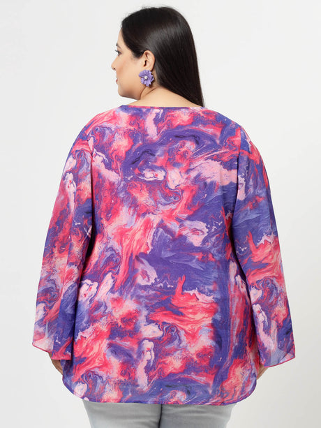 Plus Size Abstract Printed Keyhole Neck Flared Sleeves Top