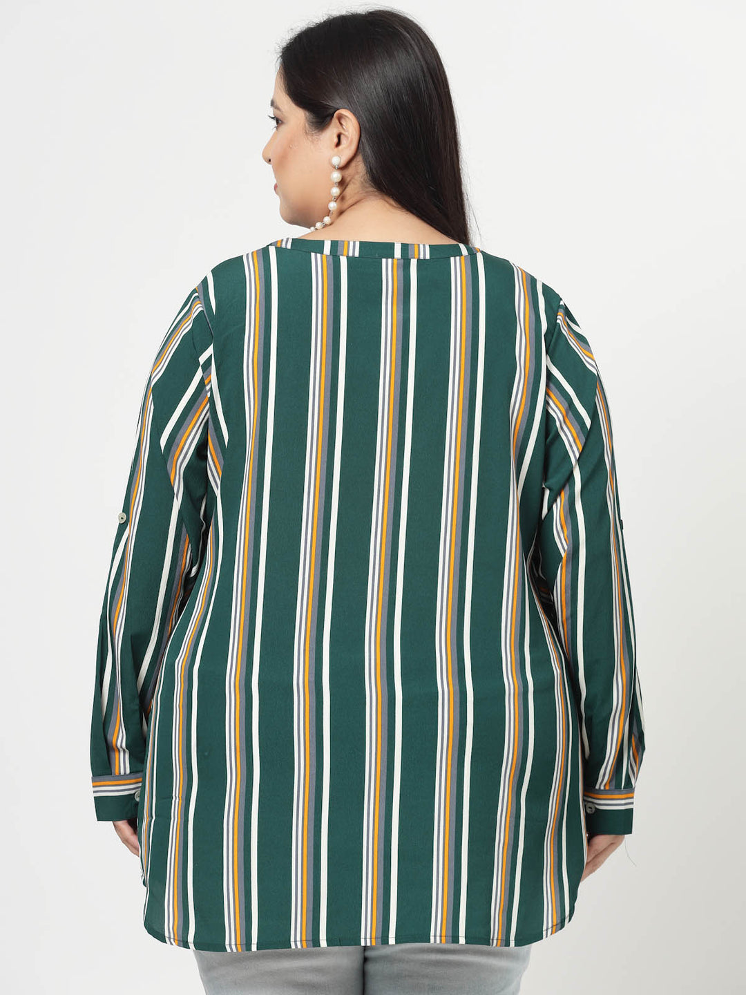 Green Plus Size Vertical Stripes Mandarin Collar Long Sleeves Longline Tops