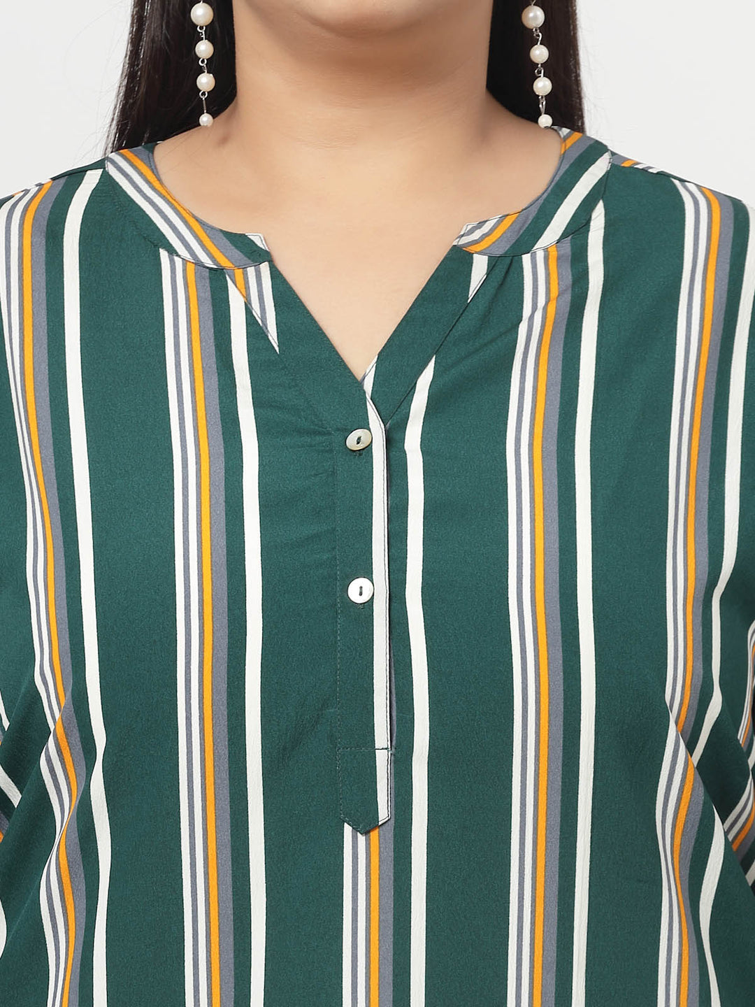 Green Plus Size Vertical Stripes Mandarin Collar Long Sleeves Longline Tops