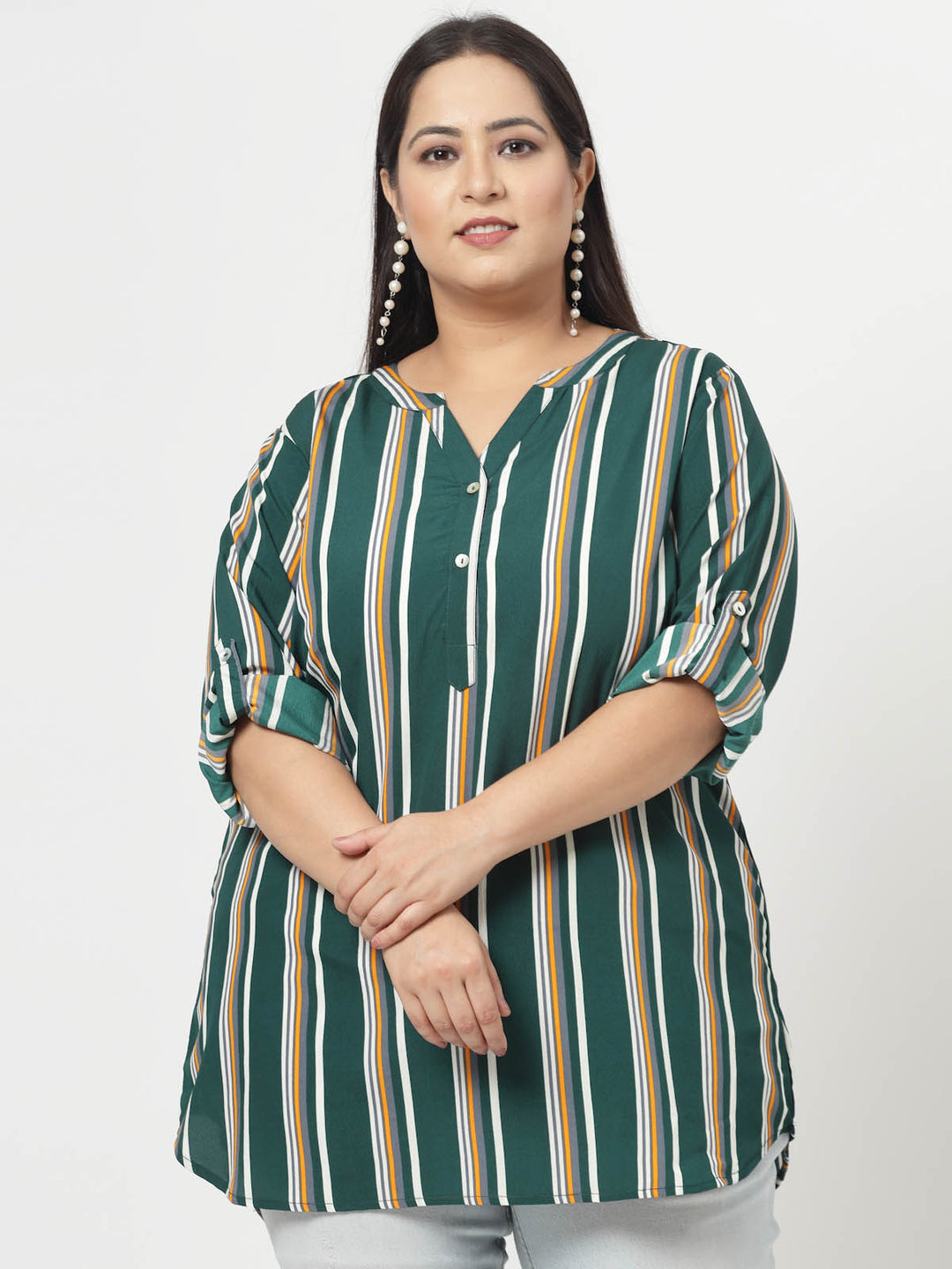 Green Plus Size Vertical Stripes Mandarin Collar Long Sleeves Longline Tops