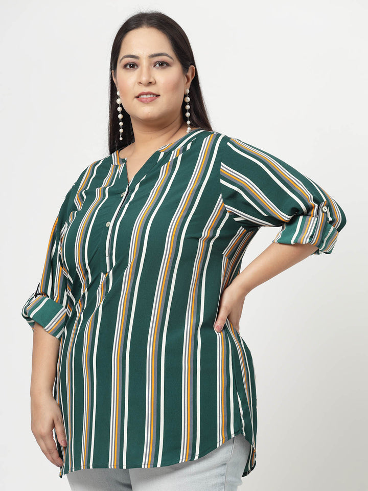 Green Plus Size Vertical Stripes Mandarin Collar Long Sleeves Longline Tops