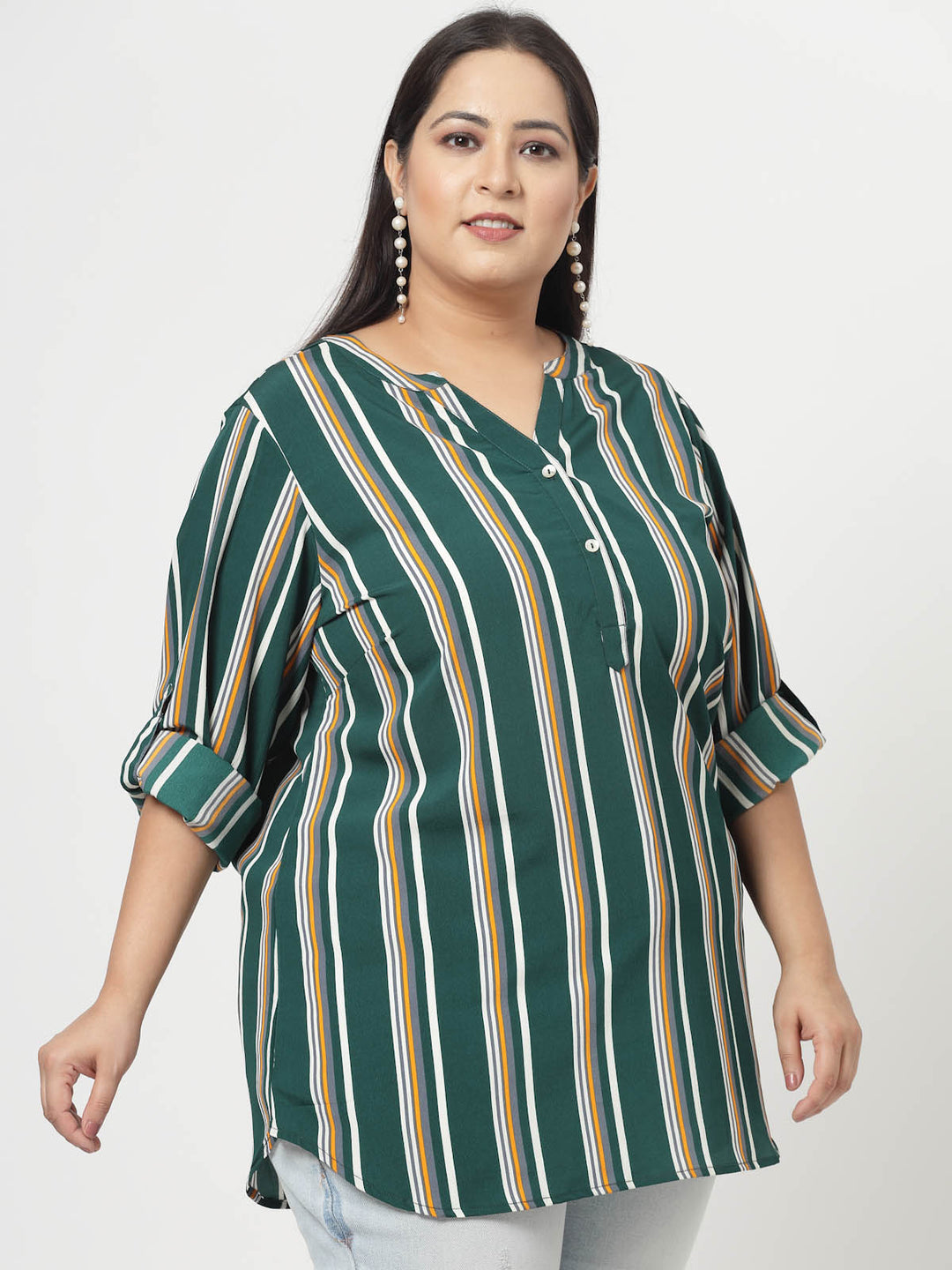 Green Plus Size Vertical Stripes Mandarin Collar Long Sleeves Longline Tops