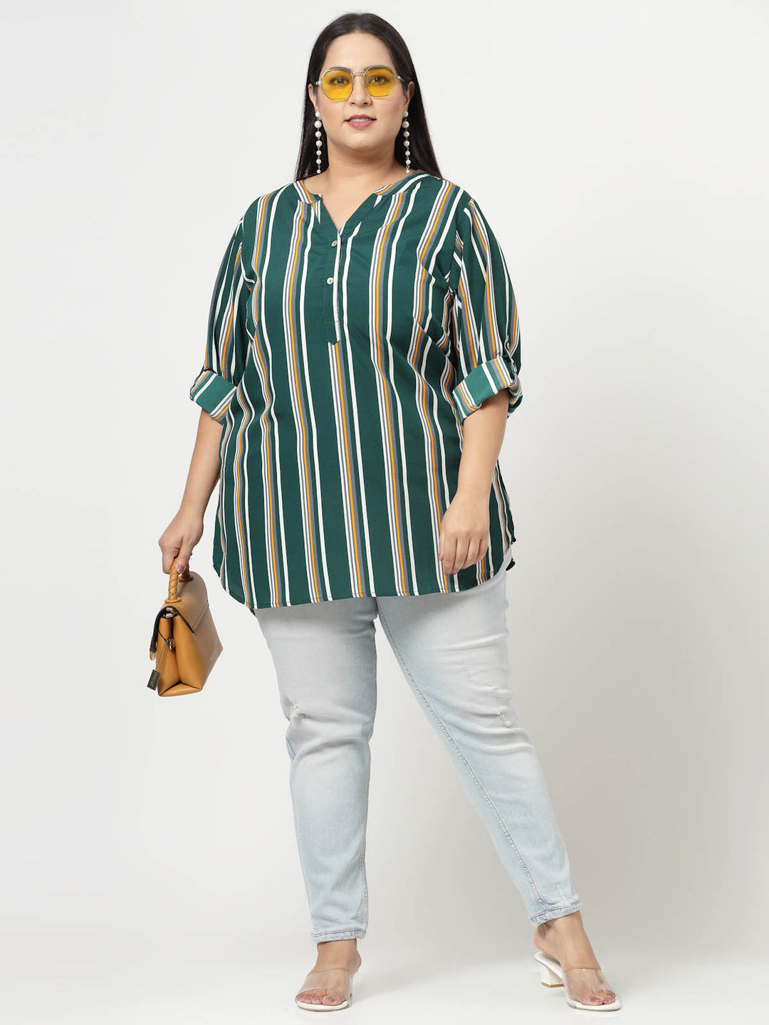 Green Plus Size Vertical Stripes Mandarin Collar Long Sleeves Longline Tops