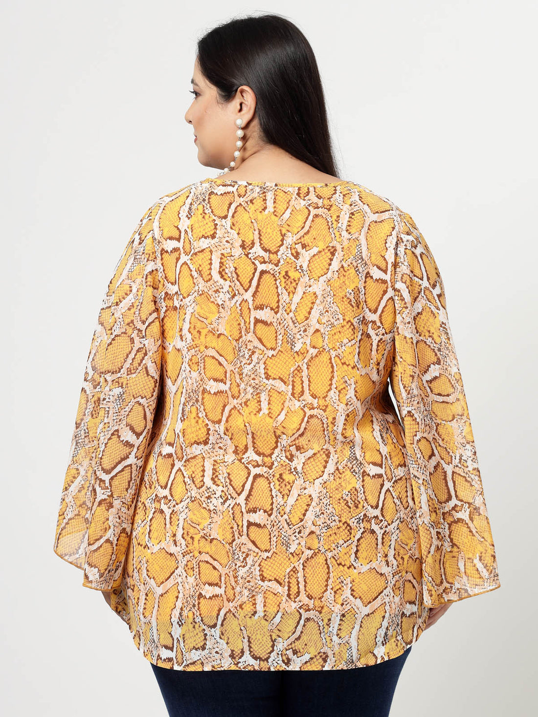 Mustard Yellow Plus Size Animal Printed Keyhole Neck Slit Sleeve Longline Tops