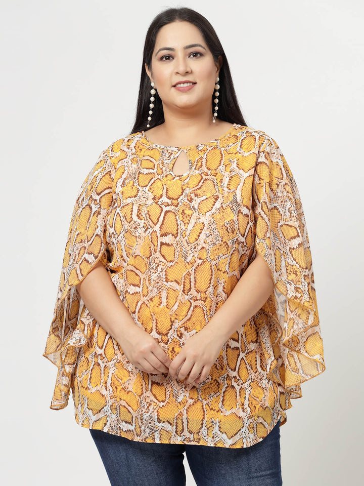 Mustard Yellow Plus Size Animal Printed Keyhole Neck Slit Sleeve Longline Tops